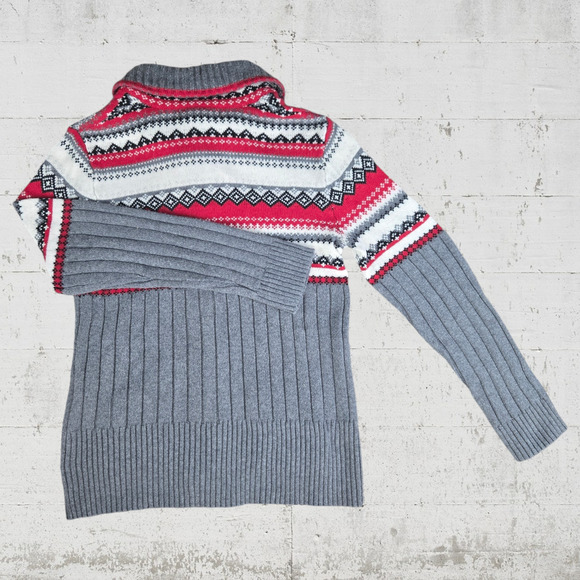 Eddie Bauer Gray Red Fair Isle Cowl Neck Button Up Cardigan Sweater Size Small - Picture 9 of 10